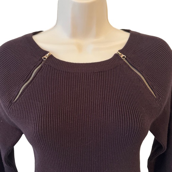 Carmen Marc Valvo Brown Ribbed Stretch Fitted Sweater Petite Medium Pre-owned - Picture 2 of 8